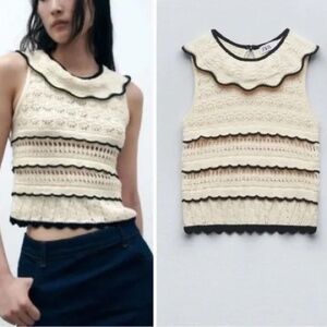 Zara Knit Cream In Color Black Ruffle Sleeveless Top Feminine Contemporary L